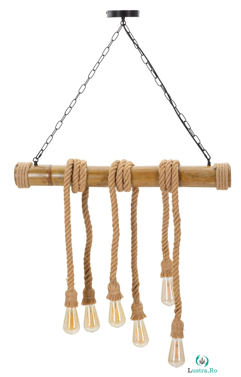 Lustra Rope, Mauro Ferretti, 80 x 15 x 120 cm, 6 x E27, 20W, bambus/sfoara, maro