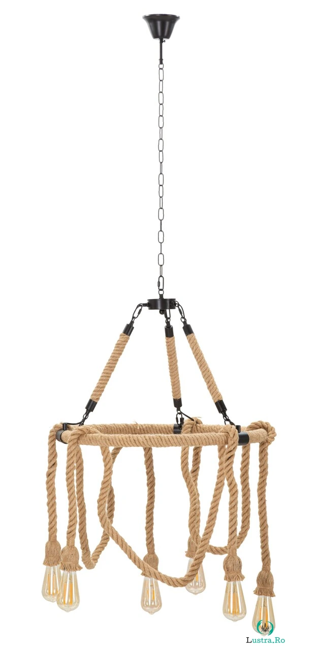 Lustra Rope Circle, Mauro Ferretti, Ø64 x 90 cm, 6 x E27, 20W, fier/sfoara, maro/negru